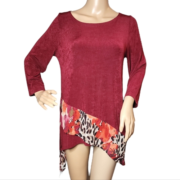 Chico's Travelers Slinky Stretchy Asymmetrical Red Tunic Leopard Floral Small - Picture 7 of 16